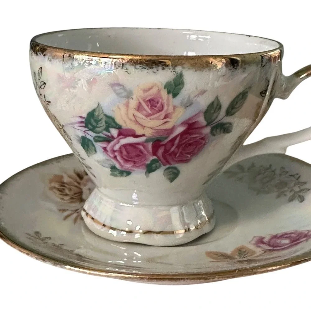 Choice Imports Vintage Floral‎ Teacup and Saucer Set Gold Trim Iridescent Rose